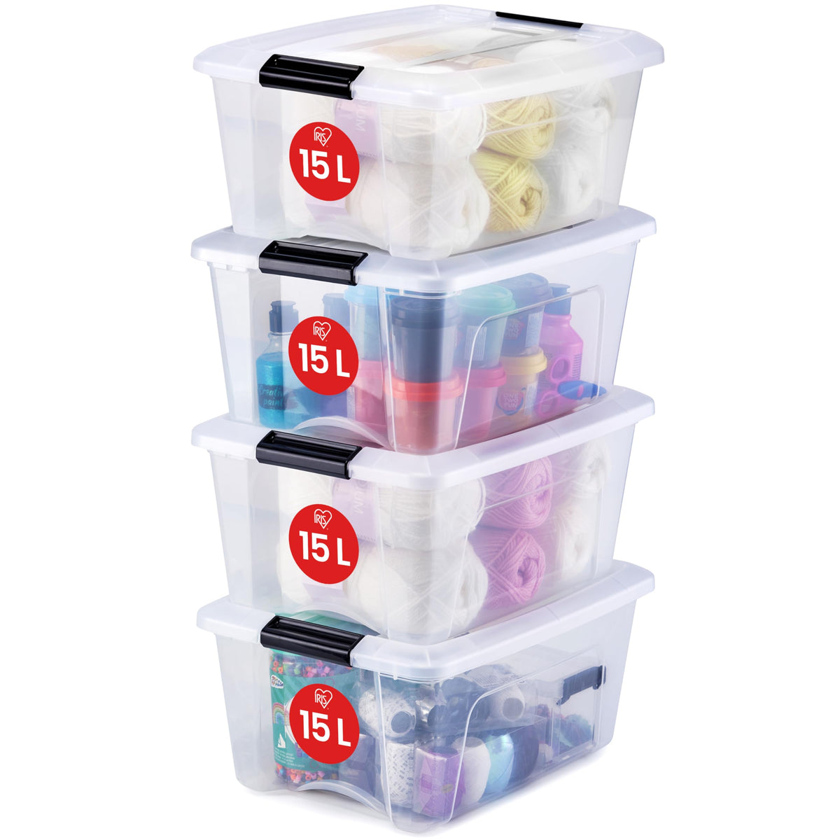 Iris Ohyama Aufbewahrungsboxen NTB-15, 4er Set, 15 L, transparent, stapelbar mit Deckel & Verschlussclips, BPA-frei