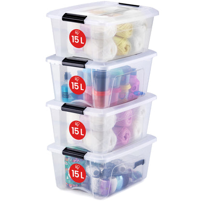 Iris Ohyama Aufbewahrungsboxen NTB-15, 4er Set, 15 L, transparent, stapelbar mit Deckel & Verschlussclips, BPA-frei