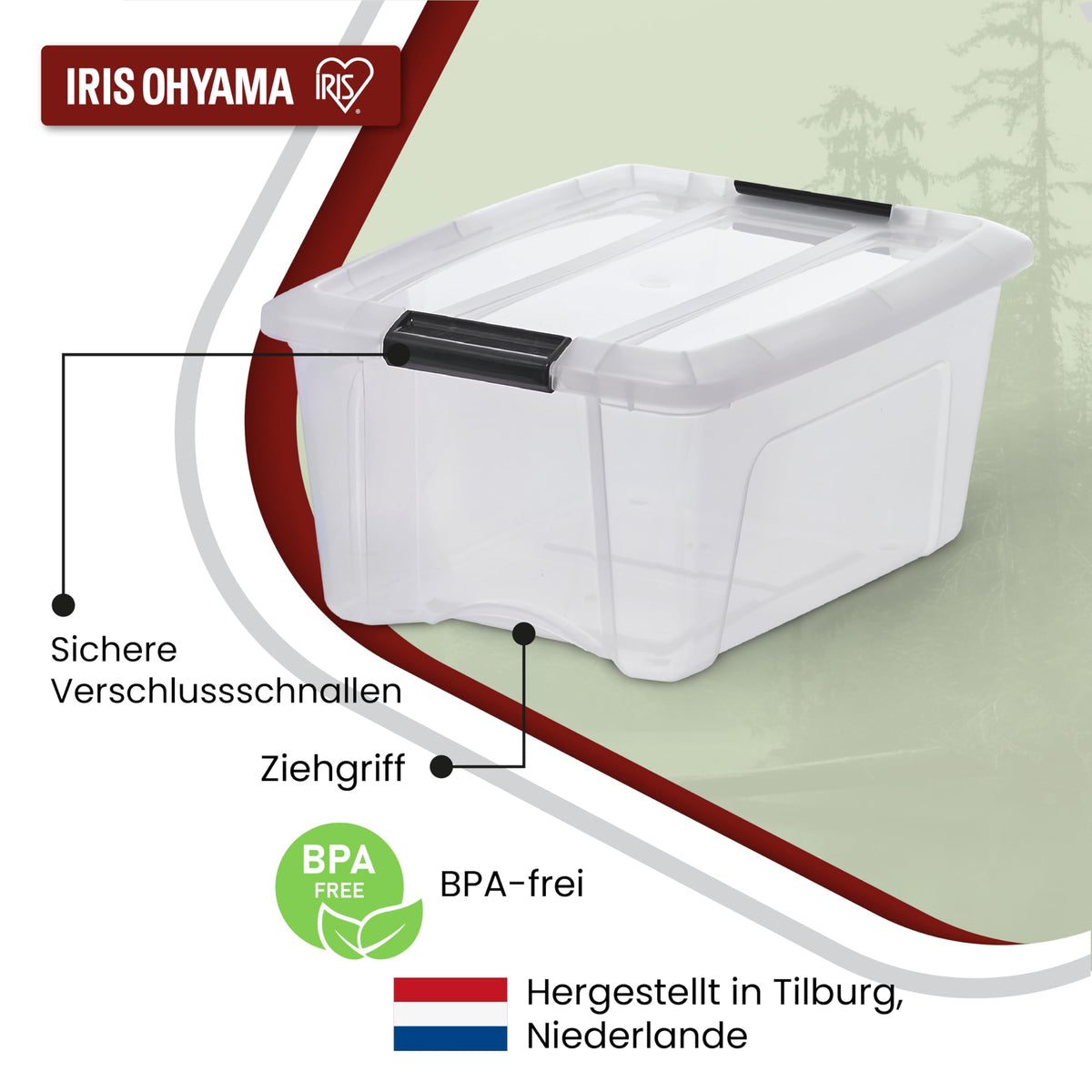 Iris Ohyama Aufbewahrungsboxen NTB-15, 4er Set, 15 L, transparent, stapelbar mit Deckel & Verschlussclips, BPA-frei