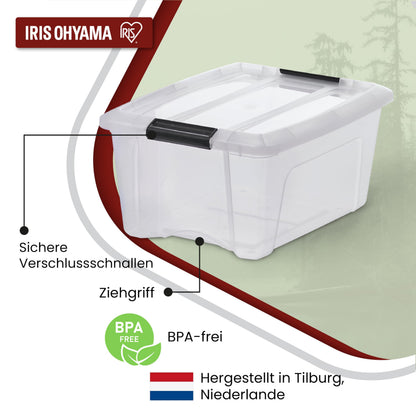 Iris Ohyama Aufbewahrungsboxen NTB-15, 4er Set, 15 L, transparent, stapelbar mit Deckel & Verschlussclips, BPA-frei