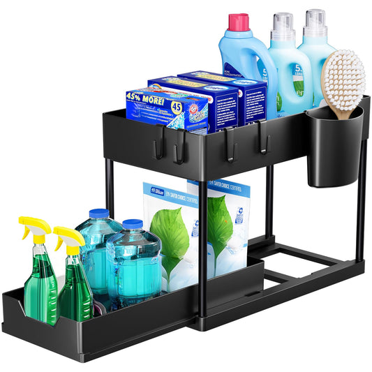 Puricon Unterwaschbecken Regal mit 2 Etagen, Küchenorganizer & Gewürzregal für Spülschrank und Arbeitsplatte, Schwarz