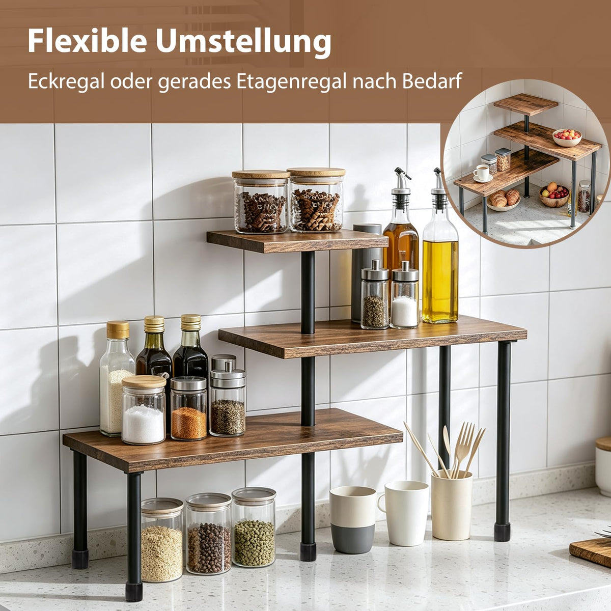 Awoyep Eckregal Küche Organizer Verstellbar Küchenregal Klein Holz Retro