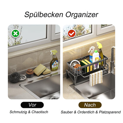 ViWaVee Spülbecken Organizer mit selbstentleerender Ablaufwanne, Schwammhalter & Handtuchhalter für Küche & Bad, Schwarz