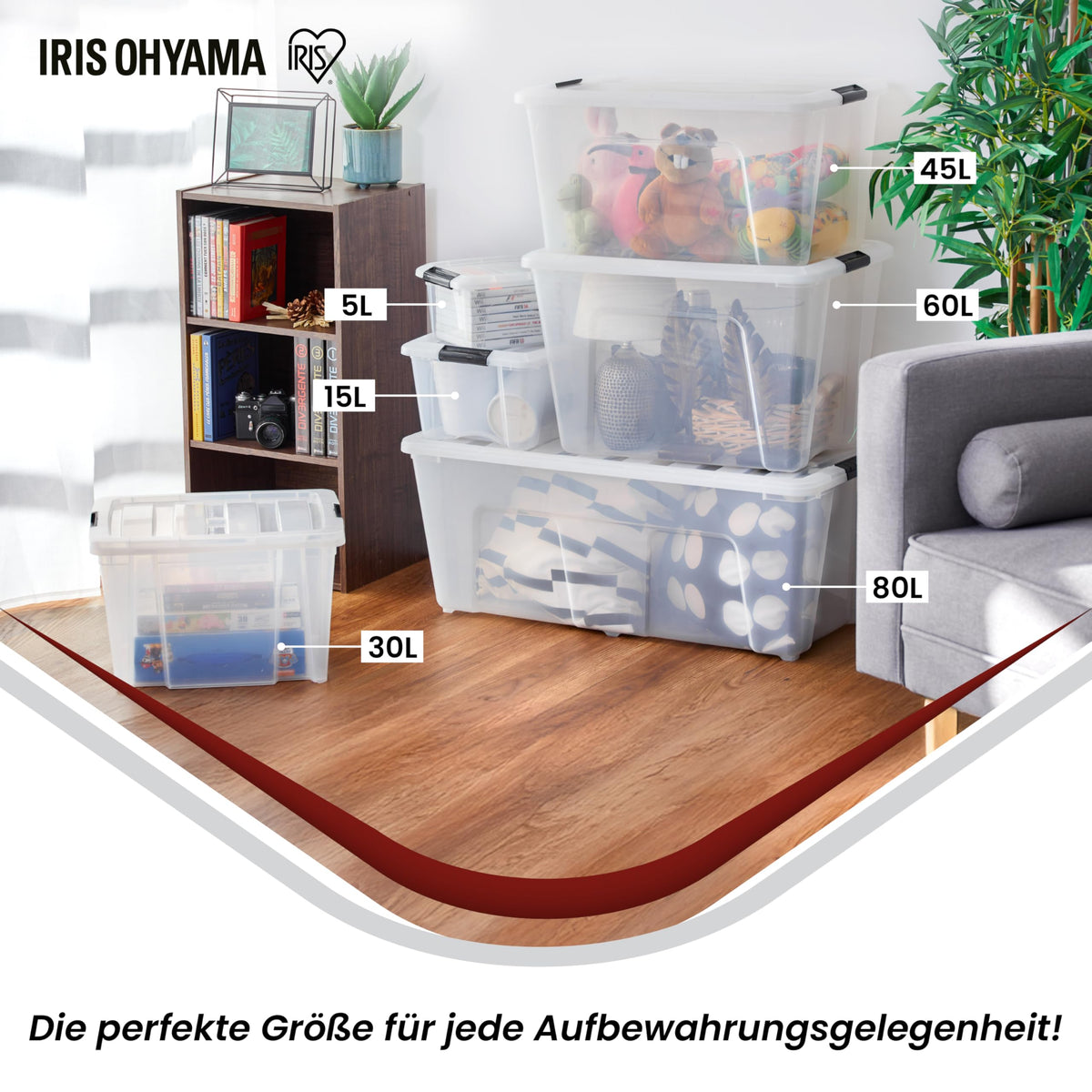 Iris Ohyama Aufbewahrungsboxen NTB-15, 4er Set, 15 L, transparent, stapelbar mit Deckel & Verschlussclips, BPA-frei