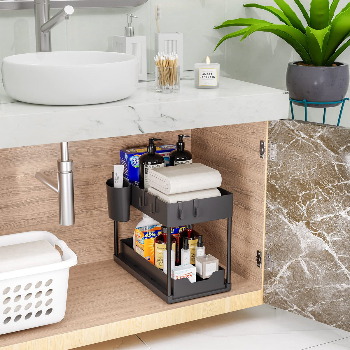 Puricon Unterwaschbecken Regal mit 2 Etagen, Küchenorganizer & Gewürzregal für Spülschrank und Arbeitsplatte, Schwarz