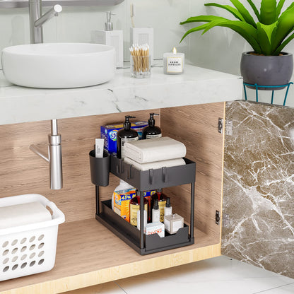 Puricon Unterwaschbecken Regal mit 2 Etagen, Küchenorganizer & Gewürzregal für Spülschrank und Arbeitsplatte, Schwarz
