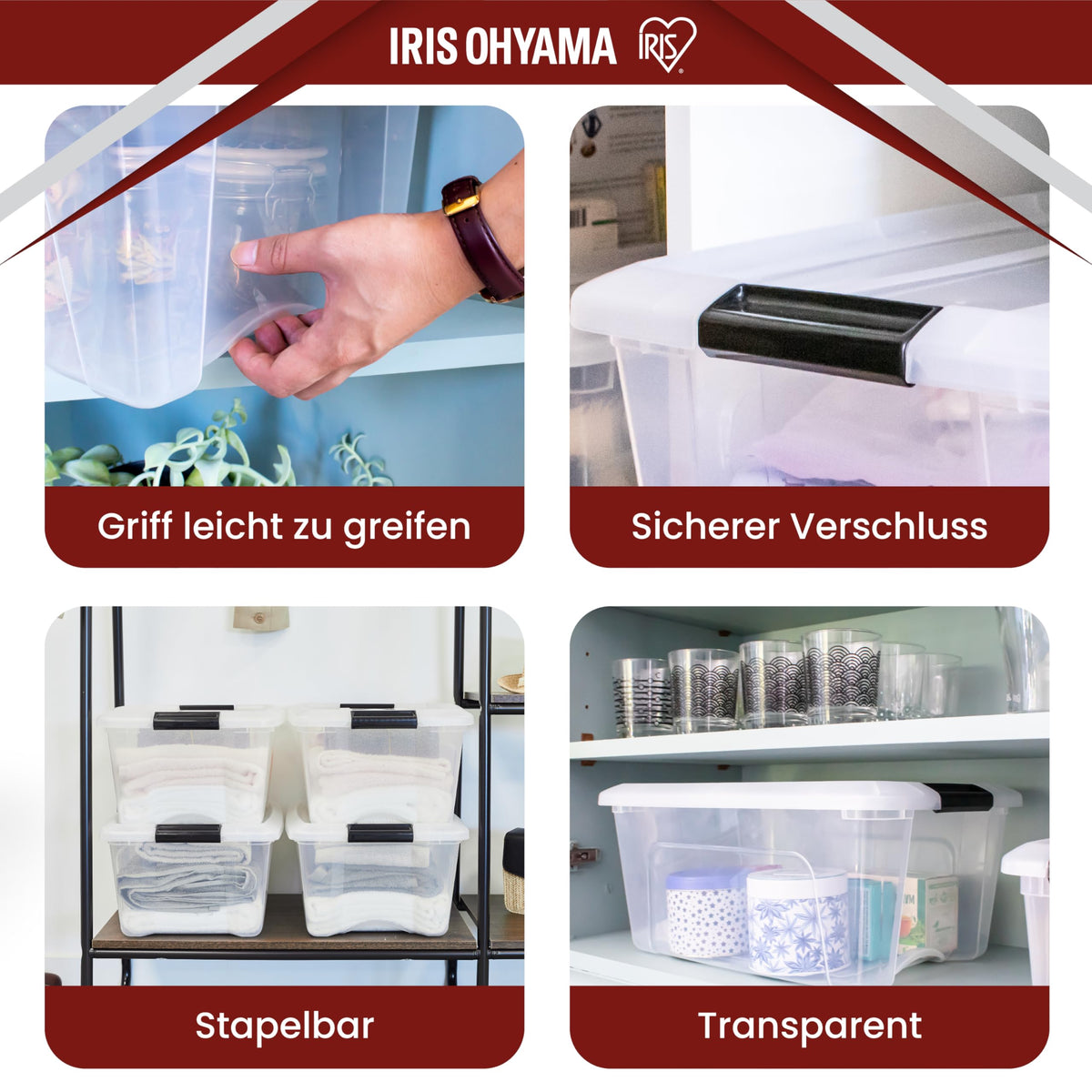 Iris Ohyama Aufbewahrungsboxen NTB-15, 4er Set, 15 L, transparent, stapelbar mit Deckel & Verschlussclips, BPA-frei
