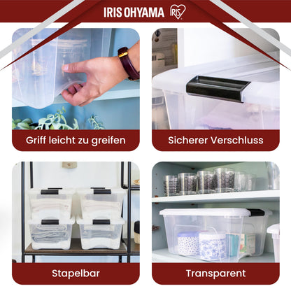 Iris Ohyama Aufbewahrungsboxen NTB-15, 4er Set, 15 L, transparent, stapelbar mit Deckel & Verschlussclips, BPA-frei