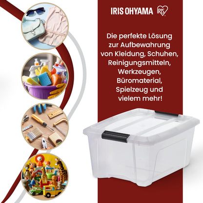 Iris Ohyama Aufbewahrungsboxen NTB-15, 4er Set, 15 L, transparent, stapelbar mit Deckel & Verschlussclips, BPA-frei