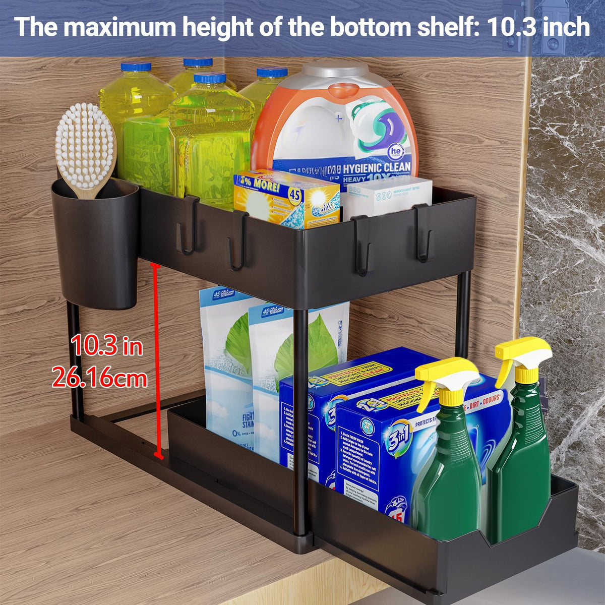 Puricon Unterwaschbecken Regal mit 2 Etagen, Küchenorganizer & Gewürzregal für Spülschrank und Arbeitsplatte, Schwarz