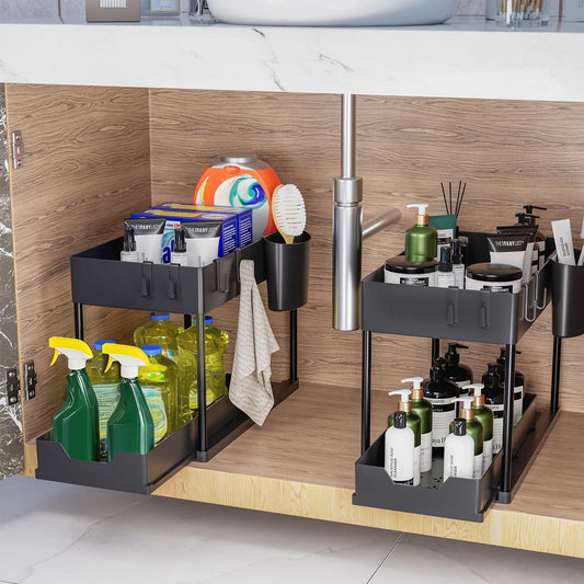 Puricon Unterwaschbecken Regal mit 2 Etagen, Küchenorganizer & Gewürzregal für Spülschrank und Arbeitsplatte, Schwarz